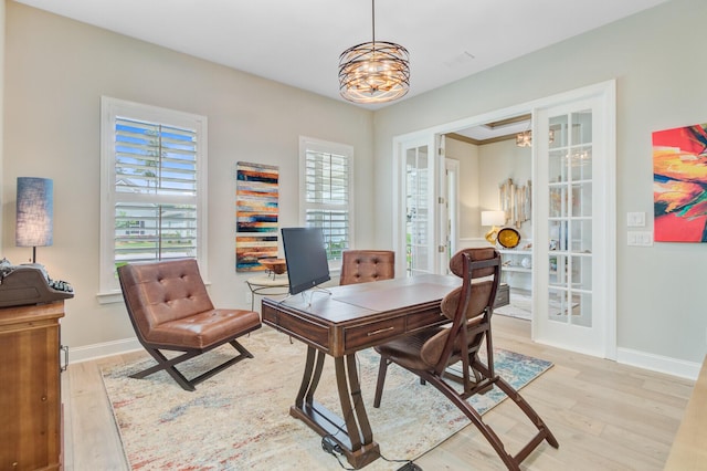 366 Tupelo Lake Dr, Summerville, SC 29486 - office featuring light wood-style flooring, french doors, baseboards, and a chandelier