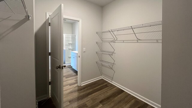 bathroom featuring an enclosed shower, hardwood / wood-style flooring, and vanity