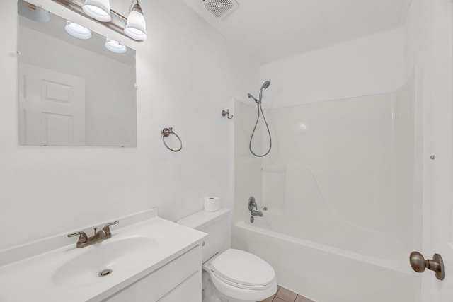 full bathroom featuring visible vents, vanity, toilet, and shower / bathtub combination