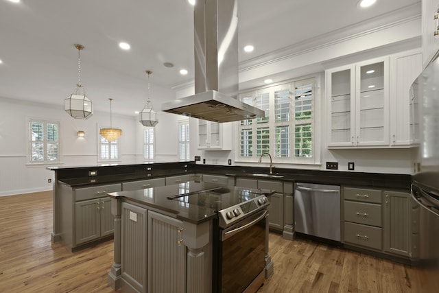 2258 Arthur Gaillard Ln, Charleston, SC 29414 - kitchen with stainless steel appliances, island range hood, ornamental molding, a peninsula, and gray cabinets