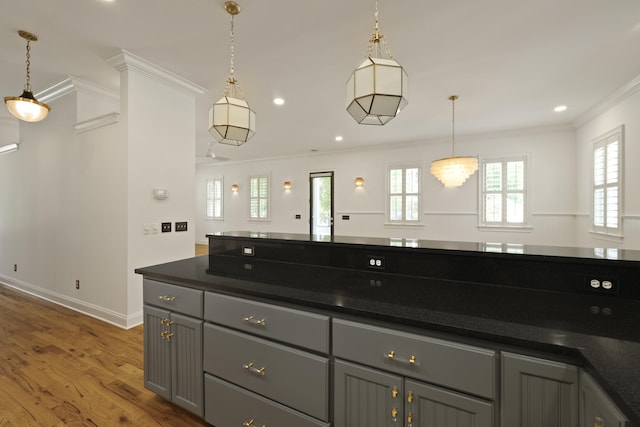 2258 Arthur Gaillard Ln, Charleston, SC 29414 - kitchen featuring crown molding, plenty of natural light, gray cabinetry, dark countertops, and wood finished floors