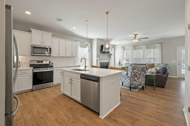 127 Surfbird Rd, Summerville, SC 29486 - kitchen with a ceiling fan, a sink, open floor plan, a fireplace, and appliances with stainless steel finishes