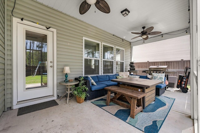 127 Surfbird Rd, Summerville, SC 29486 - view of patio / terrace with outdoor lounge area, fence, ceiling fan, and grilling area
