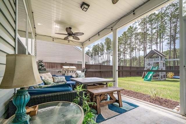 127 Surfbird Rd, Summerville, SC 29486 - view of patio / terrace featuring a ceiling fan, outdoor dining space, a playground, a fenced backyard, and an outdoor living space