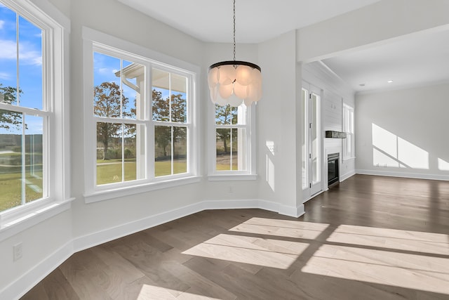 unfurnished dining area featuring a wealth of natural light and dark hardwood / wood-style floors