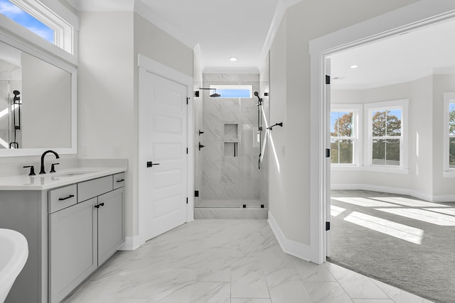 bathroom with a shower with door, crown molding, a healthy amount of sunlight, and vanity