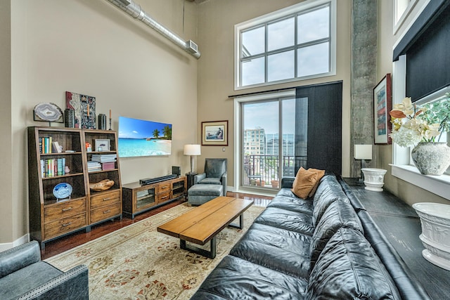 living room with a high ceiling and hardwood / wood-style flooring