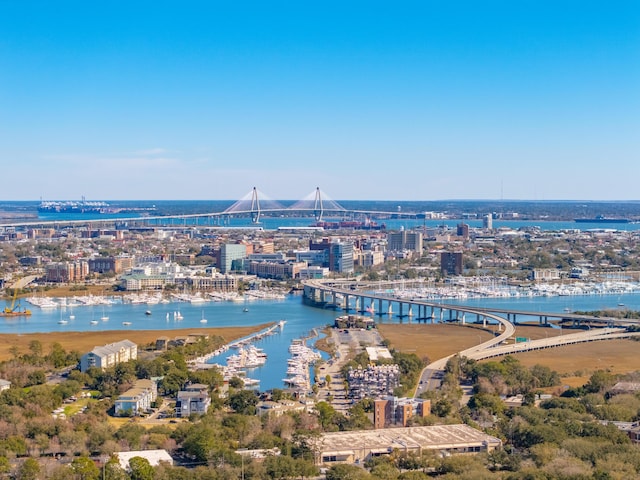 birds eye view of property featuring a water view and a city view