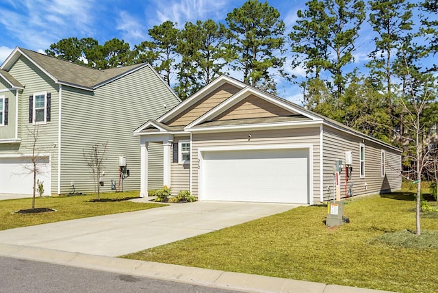 view of front facade featuring a garage, concrete driveway, and a front lawn