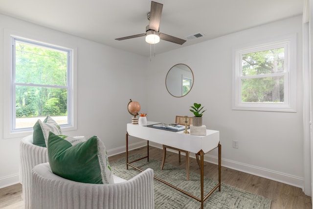 home office featuring wood finished floors, visible vents, and plenty of natural light