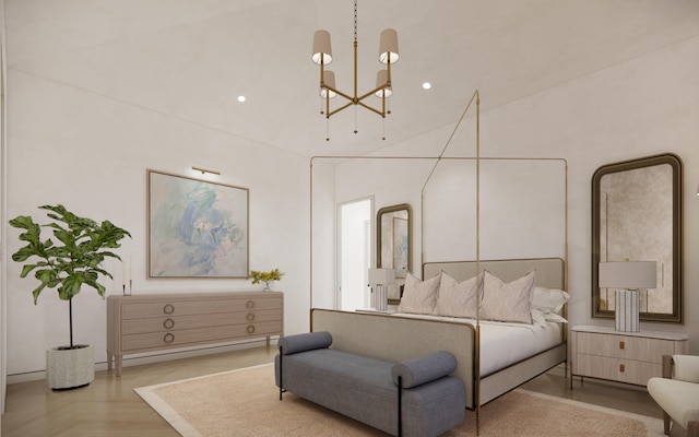 bedroom with a chandelier, wood-type flooring, and a high ceiling