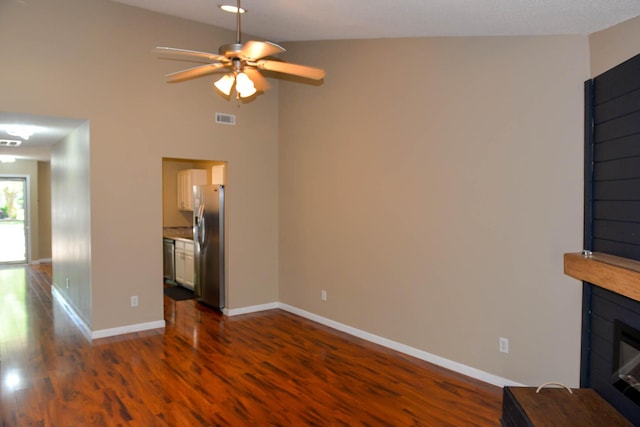 7947 Vermont Rd, North Charleston, SC 29418 - unfurnished living room with dark wood-style floors, a fireplace, ceiling fan, and baseboards