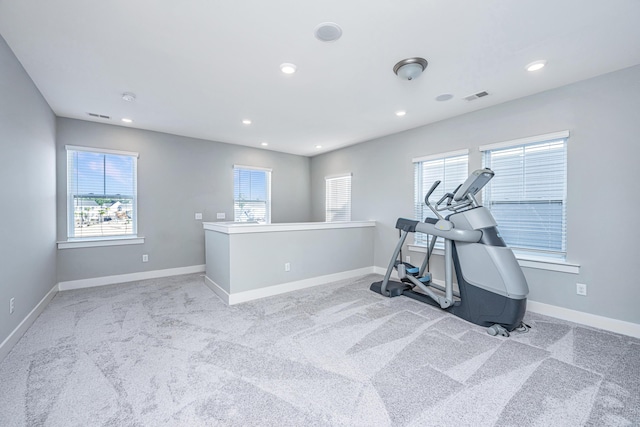 exercise room featuring a healthy amount of sunlight and light carpet