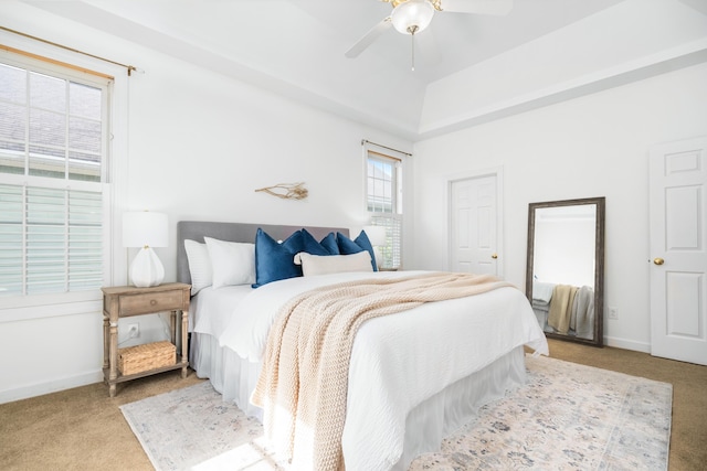 bedroom with light colored carpet and ceiling fan