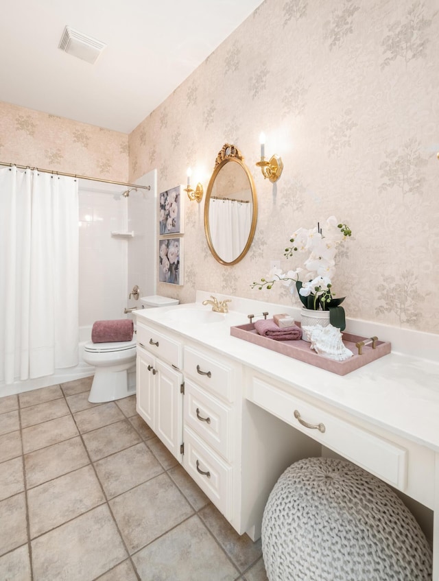 full bathroom featuring shower / bath combo, vanity, toilet, and tile patterned flooring