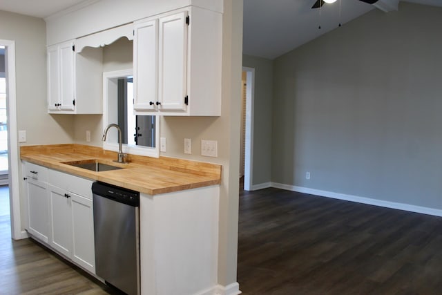 kitchen featuring dishwasher, dark hardwood / wood-style flooring, white cabinetry, and sink