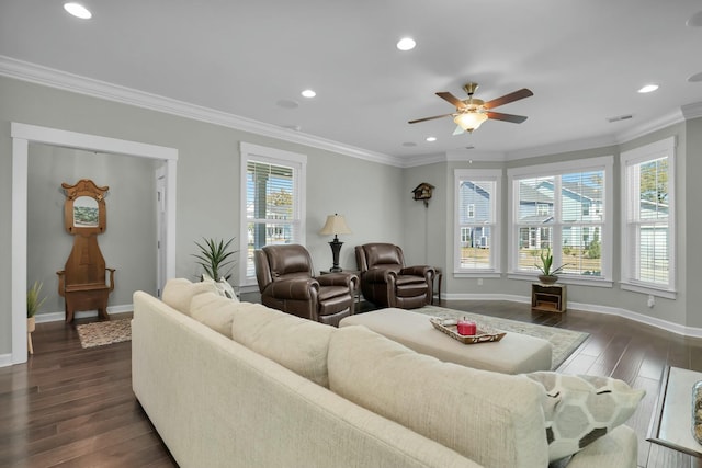 living room featuring visible vents, dark wood-type flooring, ornamental molding, recessed lighting, and baseboards