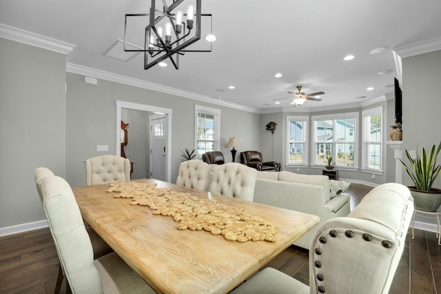 dining room featuring crown molding, baseboards, recessed lighting, ceiling fan with notable chandelier, and dark wood-style floors