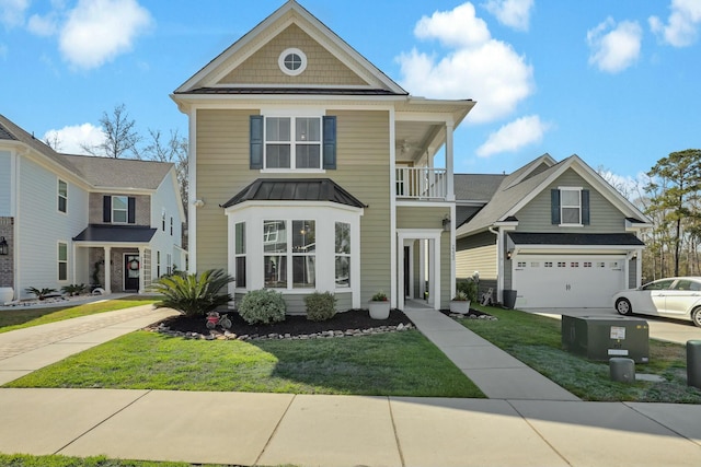 view of front facade featuring a standing seam roof, a front yard, a balcony, and concrete driveway