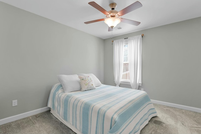 bedroom featuring visible vents, ceiling fan, baseboards, and carpet