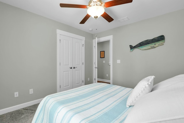 bedroom featuring a ceiling fan, visible vents, baseboards, carpet floors, and a closet