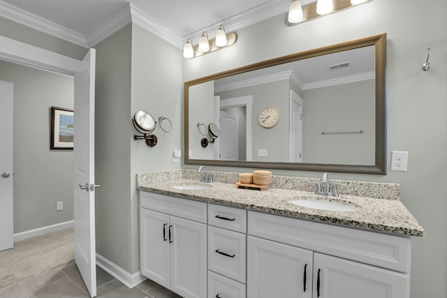 full bath featuring tile patterned flooring, visible vents, ornamental molding, and a sink