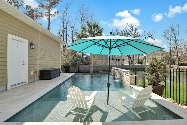 view of swimming pool featuring outdoor dry bar, a patio area, a fenced in pool, and fence