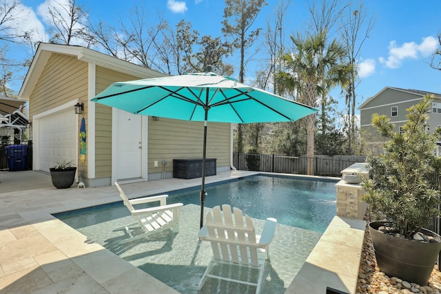 view of pool with a fenced in pool, a patio, and fence