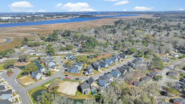 birds eye view of property with a residential view and a water view