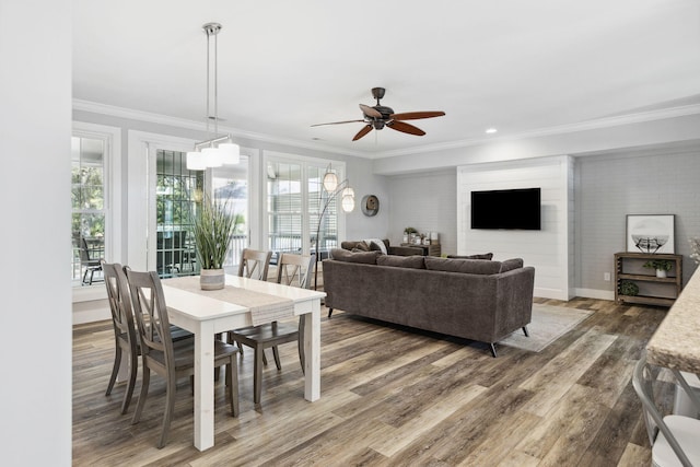 dining area featuring ornamental molding, ceiling fan, and wood-type flooring