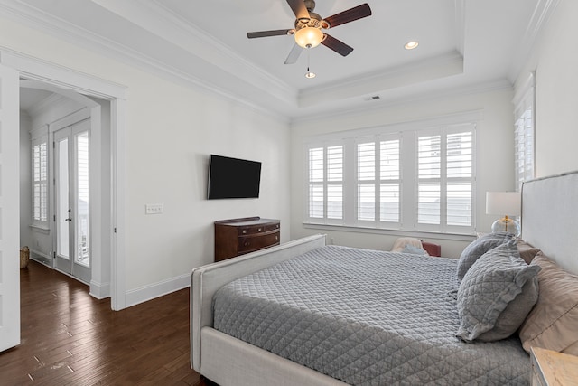 bedroom with access to exterior, ceiling fan, dark hardwood / wood-style flooring, and ornamental molding