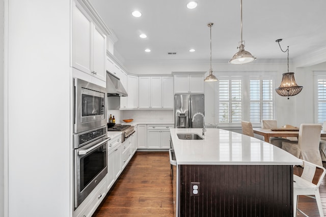 kitchen featuring sink, hanging light fixtures, range hood, appliances with stainless steel finishes, and white cabinetry