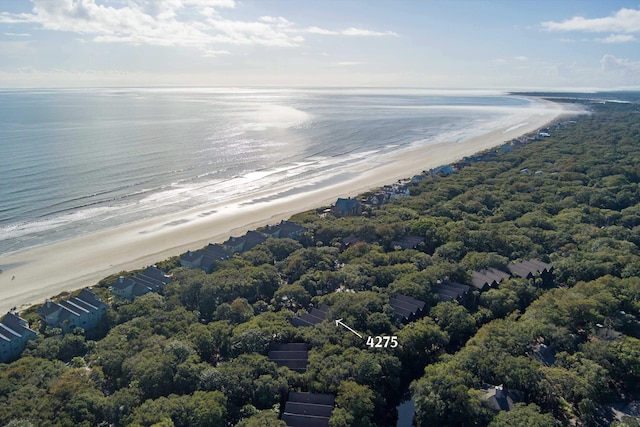 aerial view with a water view and a view of the beach