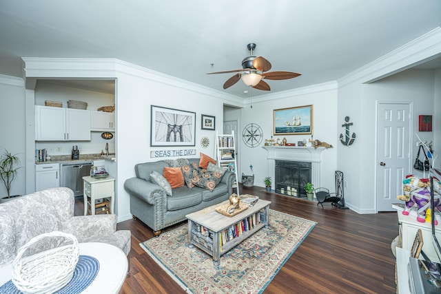 living room with ceiling fan, crown molding, dark wood finished floors, a fireplace with flush hearth, and baseboards