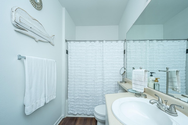 bathroom featuring toilet, wood finished floors, and vanity