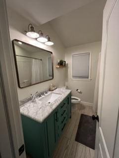 bathroom featuring hardwood / wood-style flooring, toilet, and vanity