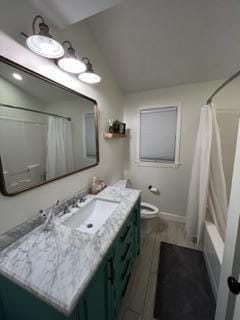 full bathroom with vanity, toilet, and shower / tub combo with curtain