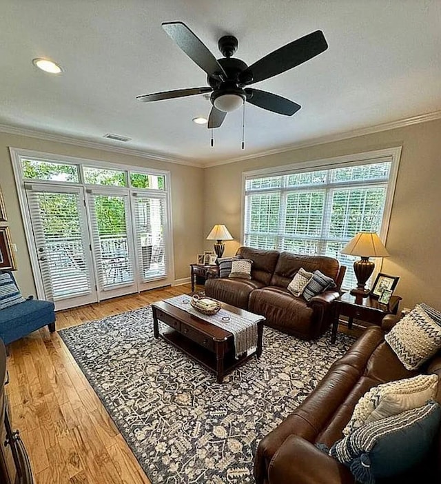 living room with hardwood / wood-style flooring, ornamental molding, and a wealth of natural light