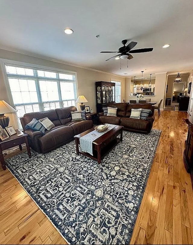 living room with hardwood / wood-style flooring, ceiling fan, and ornamental molding