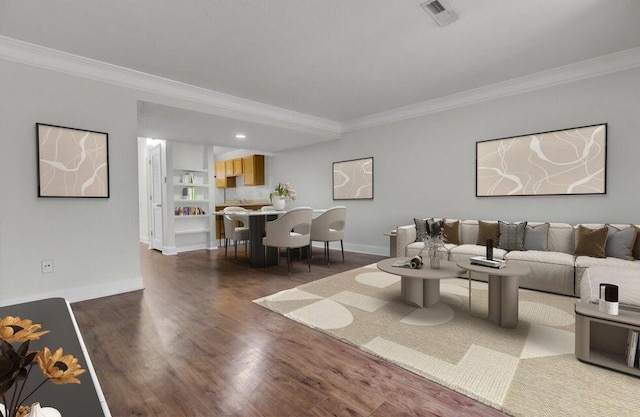 living area featuring dark wood-style floors, visible vents, ornamental molding, and baseboards