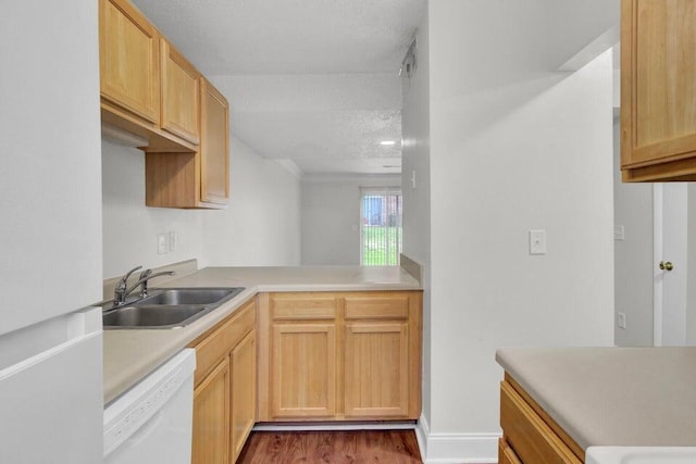 kitchen featuring white appliances, wood finished floors, light countertops, light brown cabinetry, and a sink