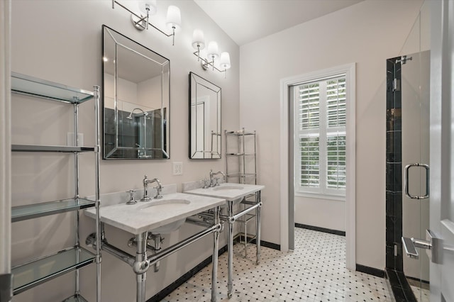 5152 Coral Reef Dr, Johns Island, SC 29455 - bathroom with tile patterned floors, double vanity, and a shower with door