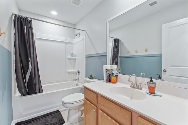 bathroom with toilet, vanity, visible vents, and shower / bathtub combination with curtain