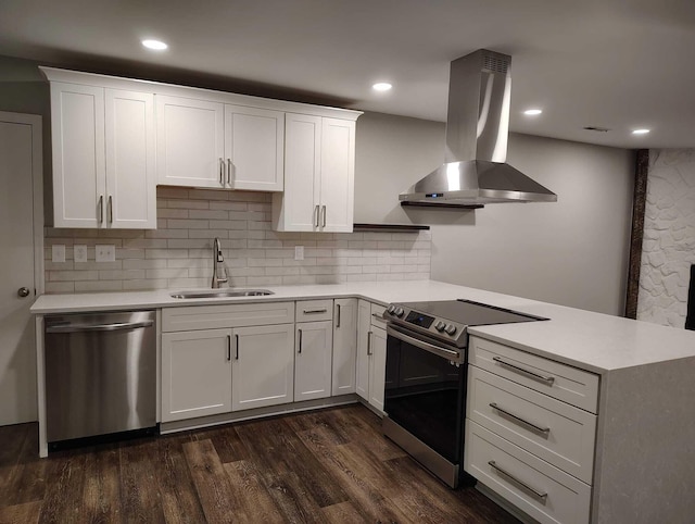 kitchen featuring appliances with stainless steel finishes, island range hood, dark wood-type flooring, sink, and white cabinetry