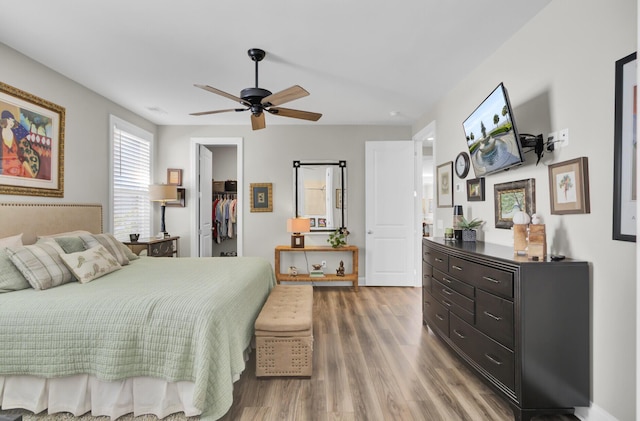 bedroom featuring a spacious closet, wood-type flooring, a closet, and ceiling fan