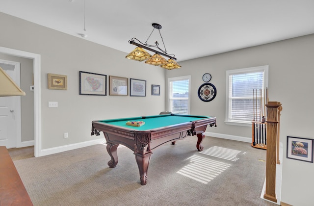 game room featuring billiards and light colored carpet