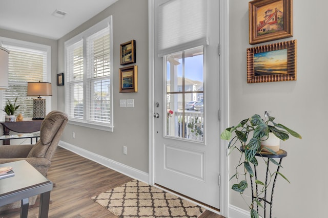 doorway to outside featuring wood-type flooring