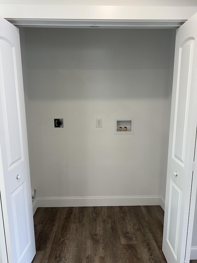 laundry area with hookup for an electric dryer, hookup for a washing machine, dark wood finished floors, and baseboards