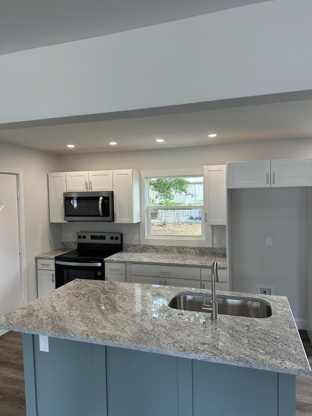 kitchen with stainless steel appliances, a sink, dark wood-style floors, white cabinetry, and recessed lighting