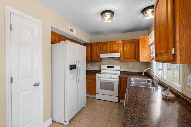 kitchen featuring brown cabinets, under cabinet range hood, a sink, dark countertops, and white appliances